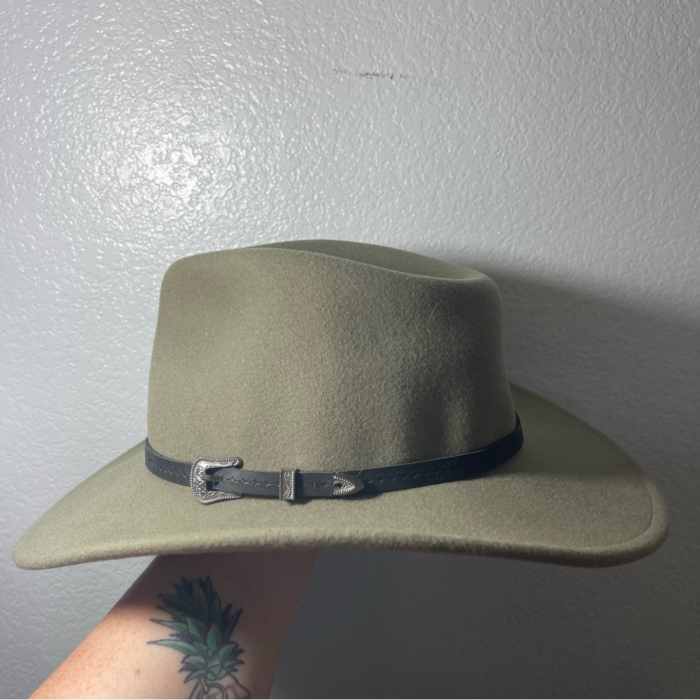 ZARA | Olive Green Wool Wide Brim Hat w/ Skinny Black Accent Buckle Size Medium